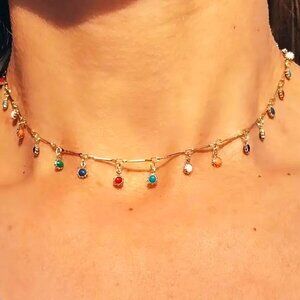 Colorful Gemstone Choker Necklace Gold Boho Hippie Adjustable Dangle Stones New